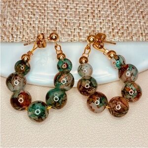 Elegant Gold- Green Natural Stone Beaded Jacket Design Hoop Earrings
